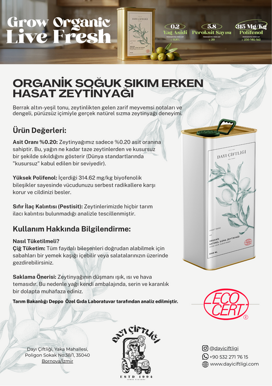 Organik Soğuk Sıkım Erken Hasat Zeytinyağı - 5 Litre